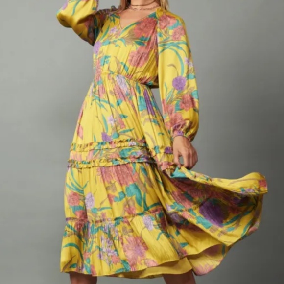 NWT Current Air Yellow Floral Ruffle Midi Dress Size M - Picture 1 of 6